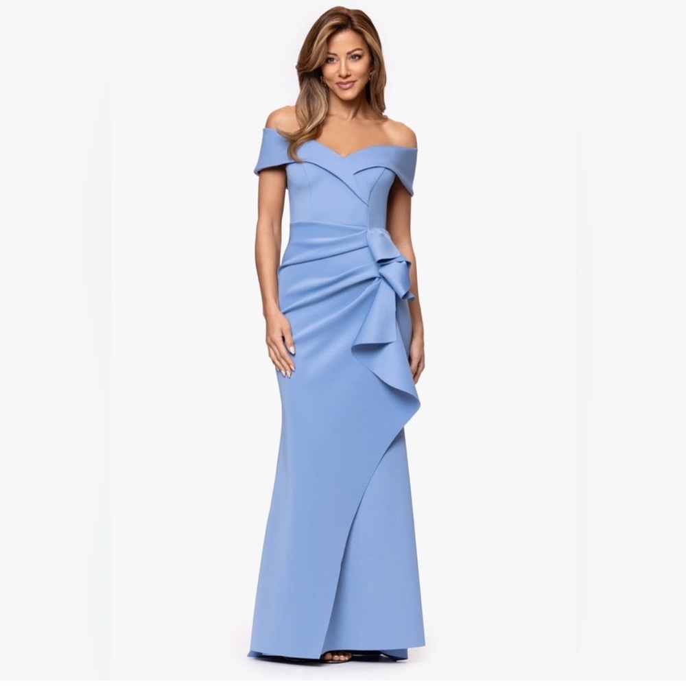 Xscape Off Shoulder Blue Scuba Crepe Gown Size 14W NWT Formal Bow Maxi Dress MOB
